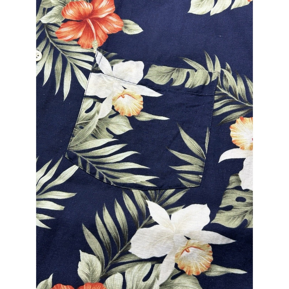 Alex Cannon Hawaiian Camp Shirt Large Tropical Floral Linen Rayon Aloha Navy - Picture 14 of 14